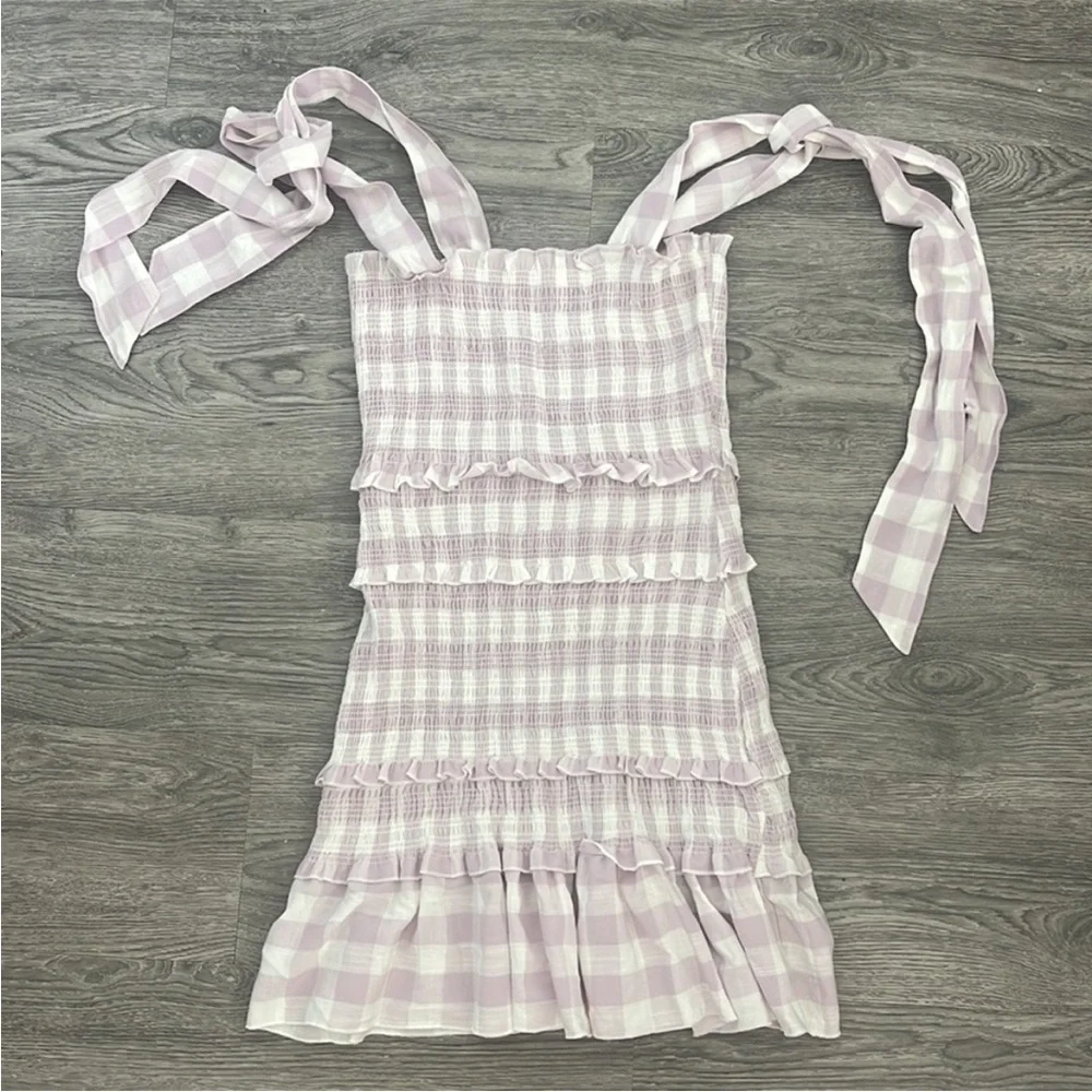 MABLE Lavender Gingham Smocked Ruffle Dress Small - Picture 7 of 10